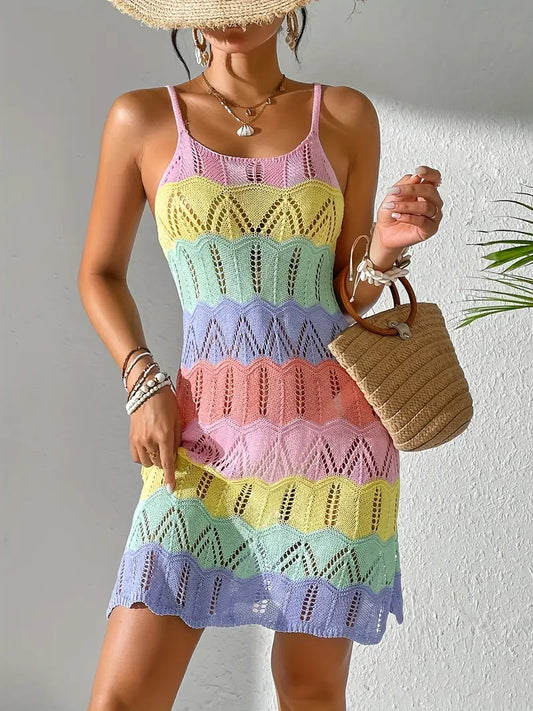 Elegant Striped Color Block Knit Cover-Up Dress